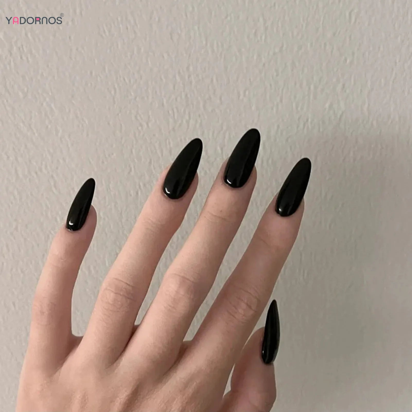 24 Fall Nails Almond | Black Fake Nail Solid Color Press on Nails | Full Cover Artificial Nail