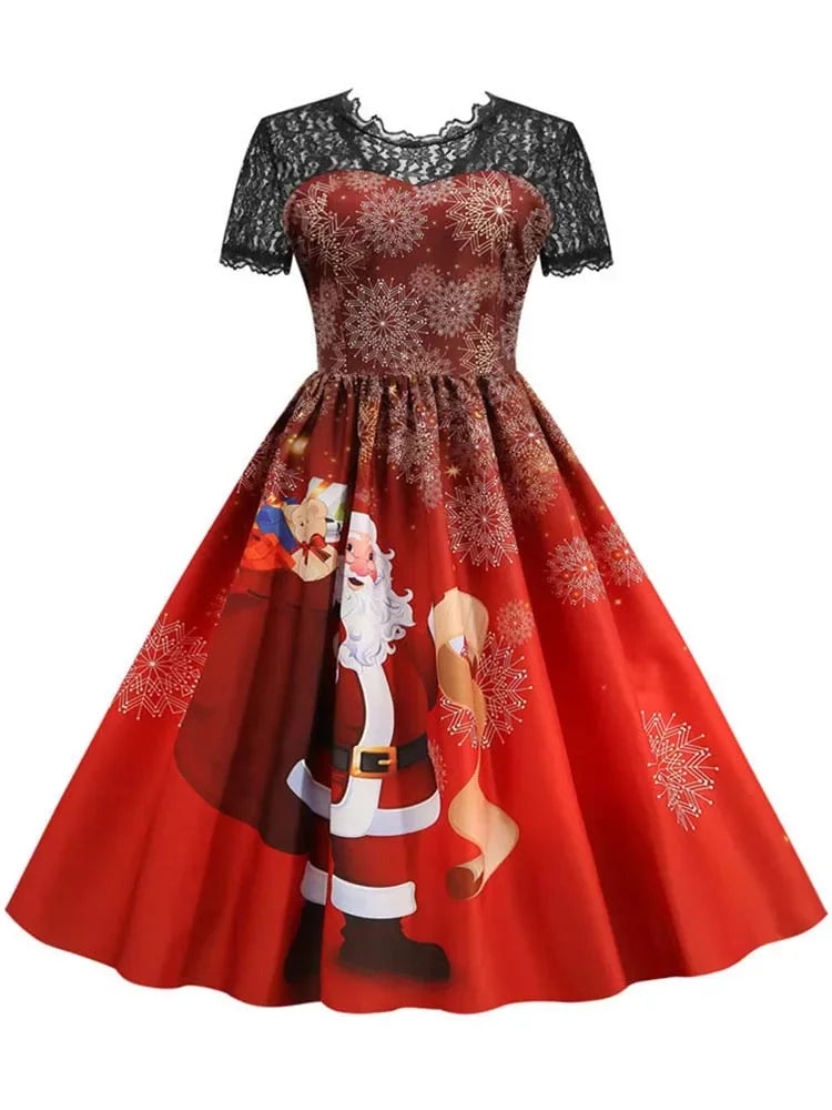 Santa Claus Print Dress | Short Sleeve High Waist Vintage Christmas Party Clothing