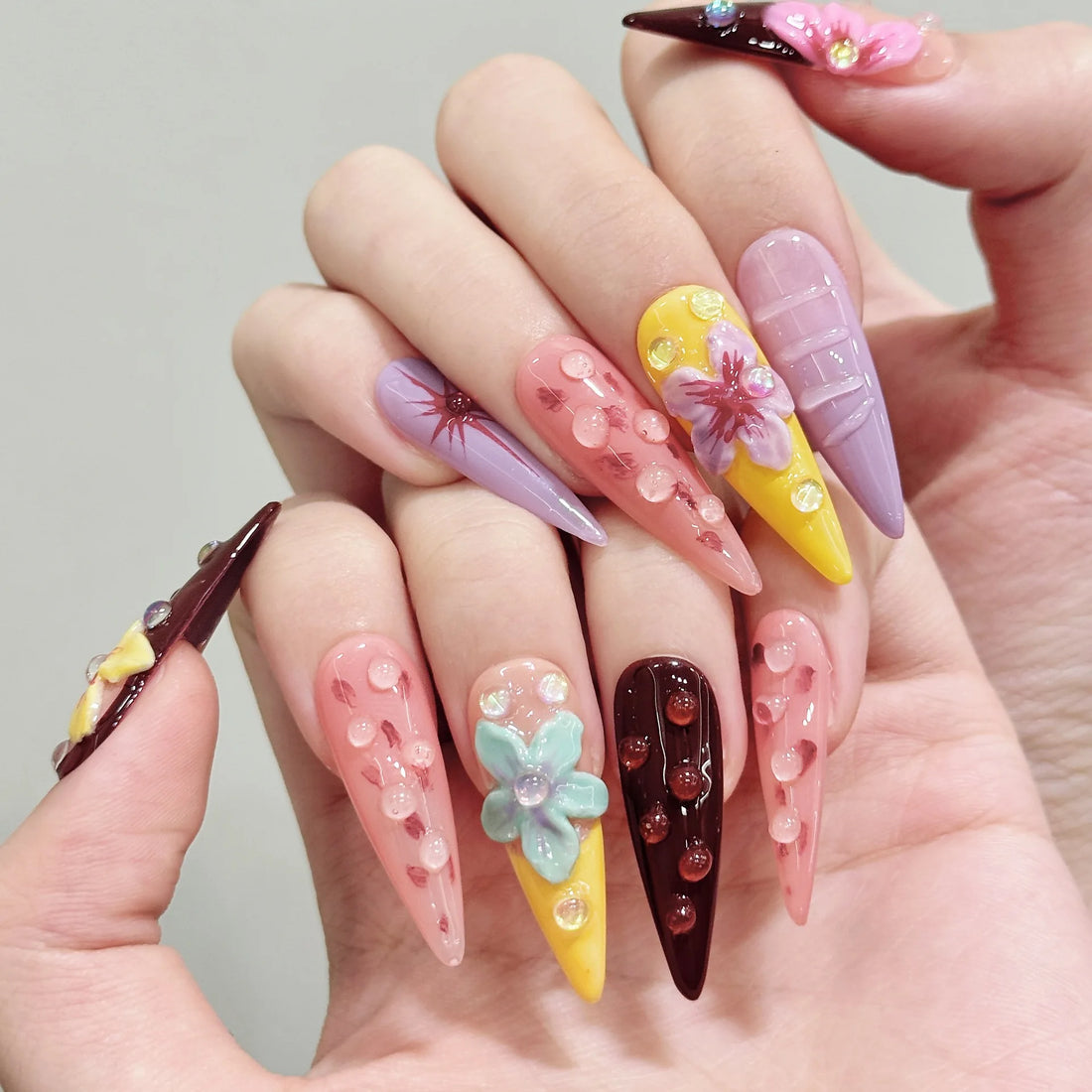 10pcs Handmade Flower Summer Nails 3d Carved