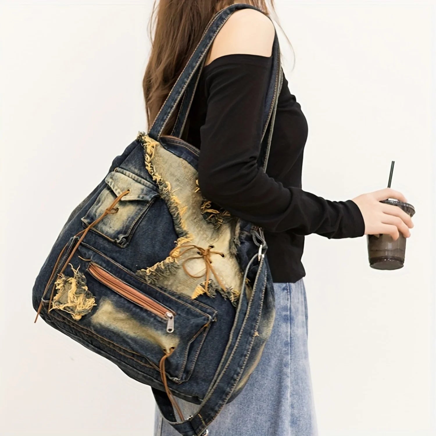 Y2K Star Vintage Denim Shoulder Bag - Trendy Drawstring Tote Handbag for Women