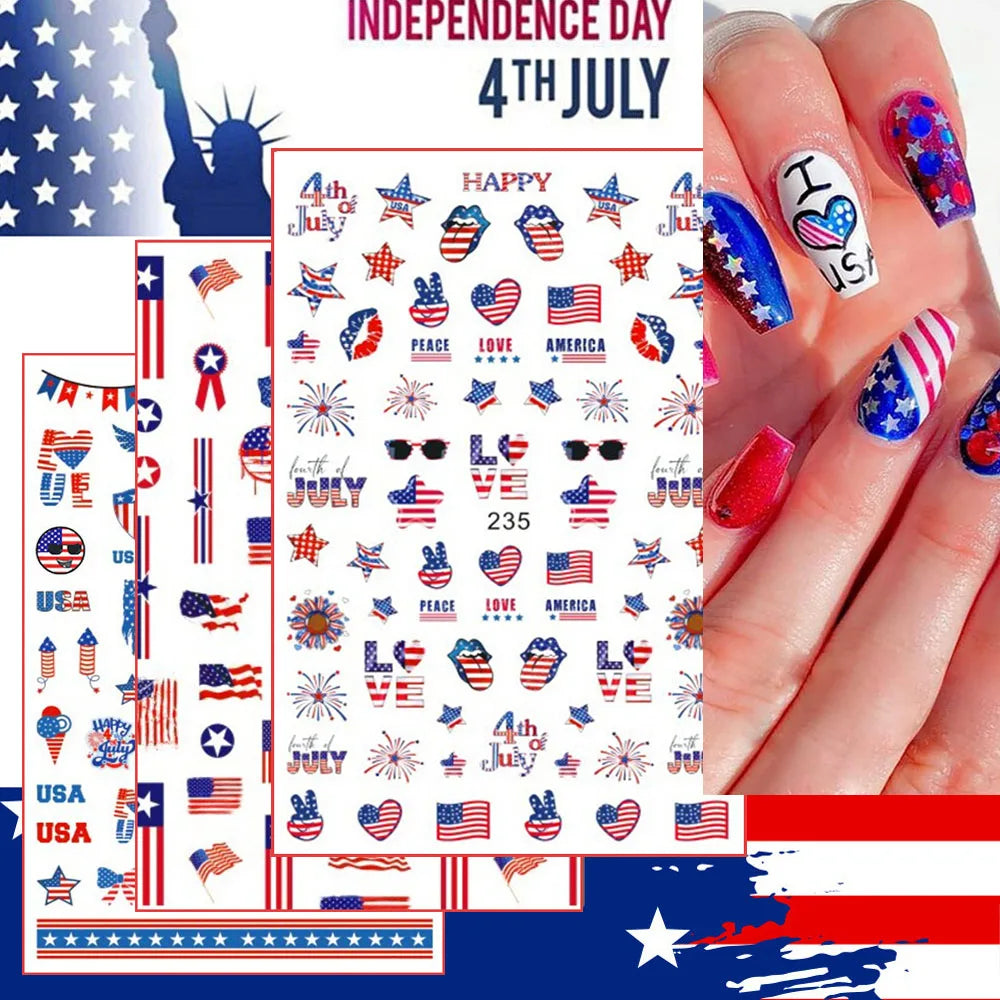8pcs/Set July 4th Patriotic Nail Art Stickers 3D Stars