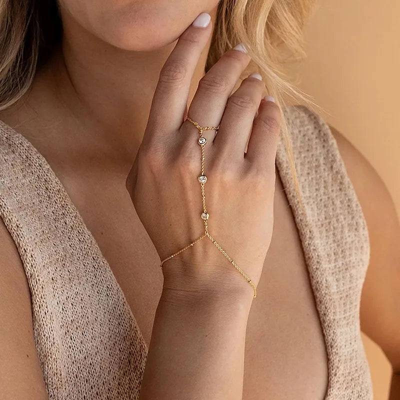 Hand Chain Ring Bracelet Jewelry for Women | Girl Dainty 14k Gold Plated Trendy Finger Ring