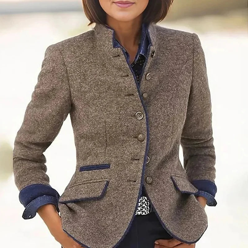 Retro Slim Jacket Women | Turtleneck Long Sleeved Commuting Coat Winter Elegant Pocket Outwear