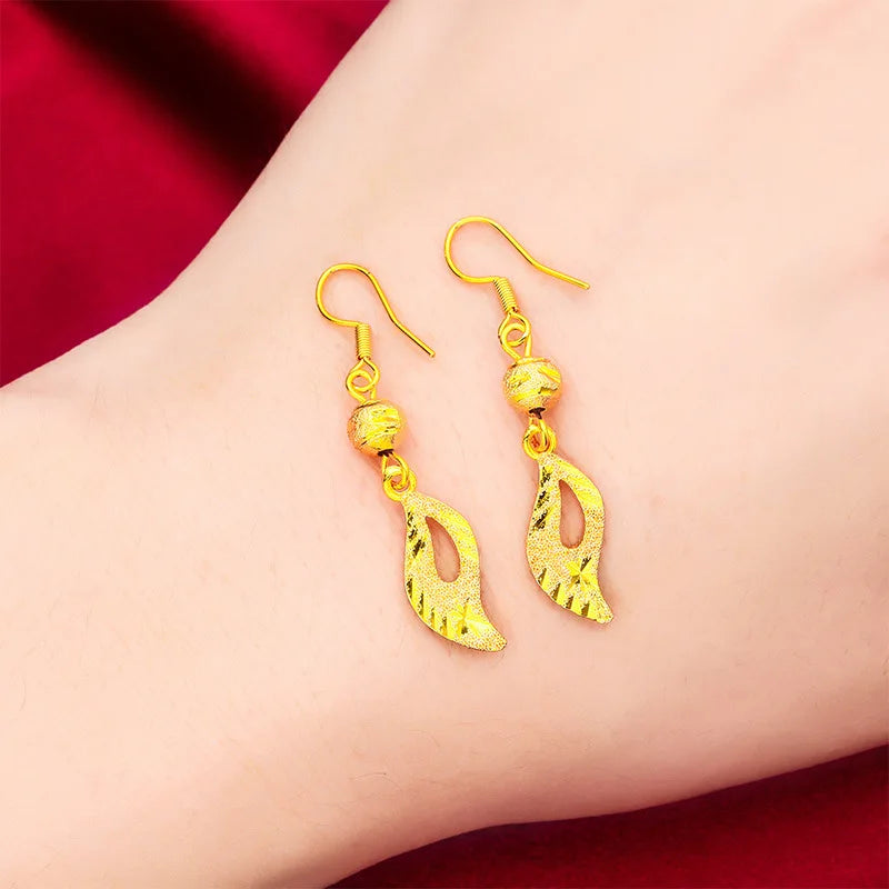 24K Gold Leaf Earrings with Carving | AU999 Pure Gold, 3D veined leaves with carving, shiny finish, elegant