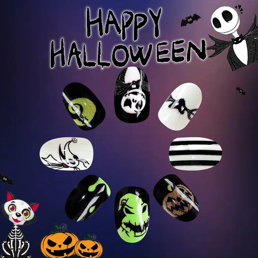 24 Halloween Press On Nails For Women | Short Round Nail Tips Skull Head Black White Stripes False Nails