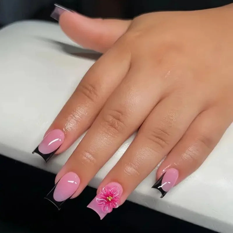 24 3d Flower Nails | French Style Press On Nails | Short Square European Wearable Nail