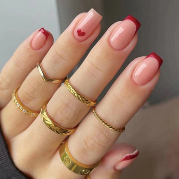 24 Heart Nails Design | Women Girls medium Square French Red Border Heart Printed Glossy Nail Art