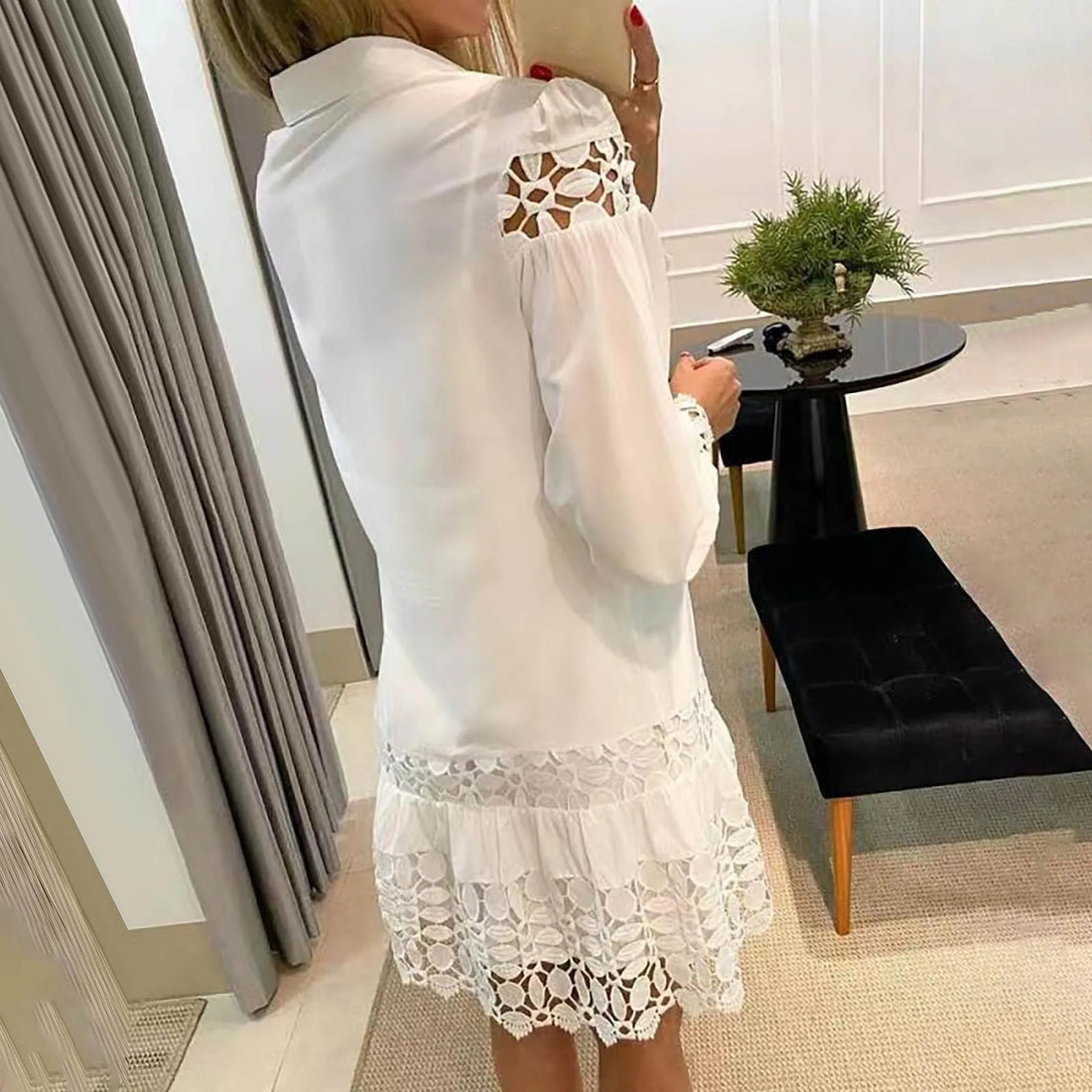 Women's Casual Lapel Shirt Dress with Lace Crochet