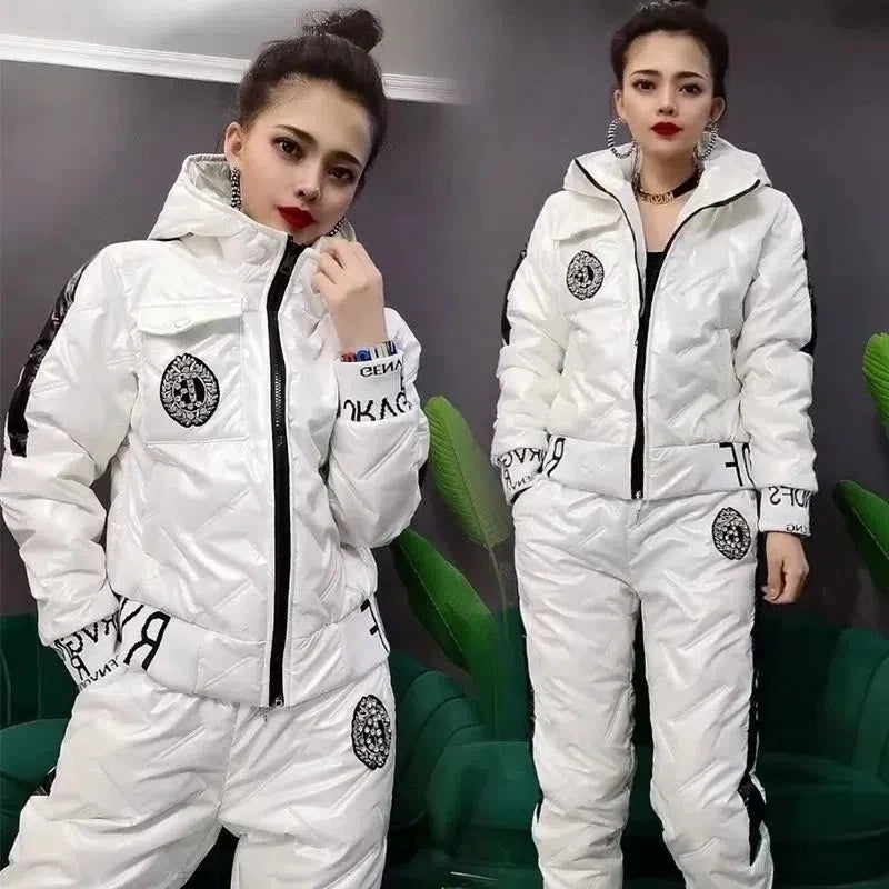 Winter Korean Glossy Parka Women Suit | 4Xl 5Xl Two Piece Set Casual Hooded Cotton Padded Short Coat + Thicken Pant