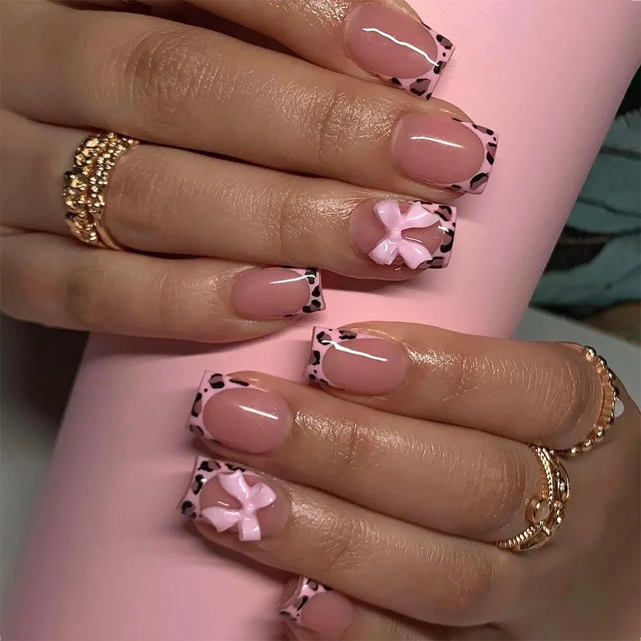 24Pcs Pink French Style Short Square Fake Nails with 3D Bowknot Designs