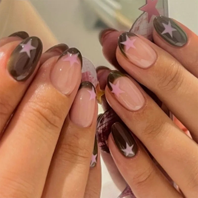 24 Star Designs On Nails | Red Five-pointed Star Designs Short Square Fake Nails