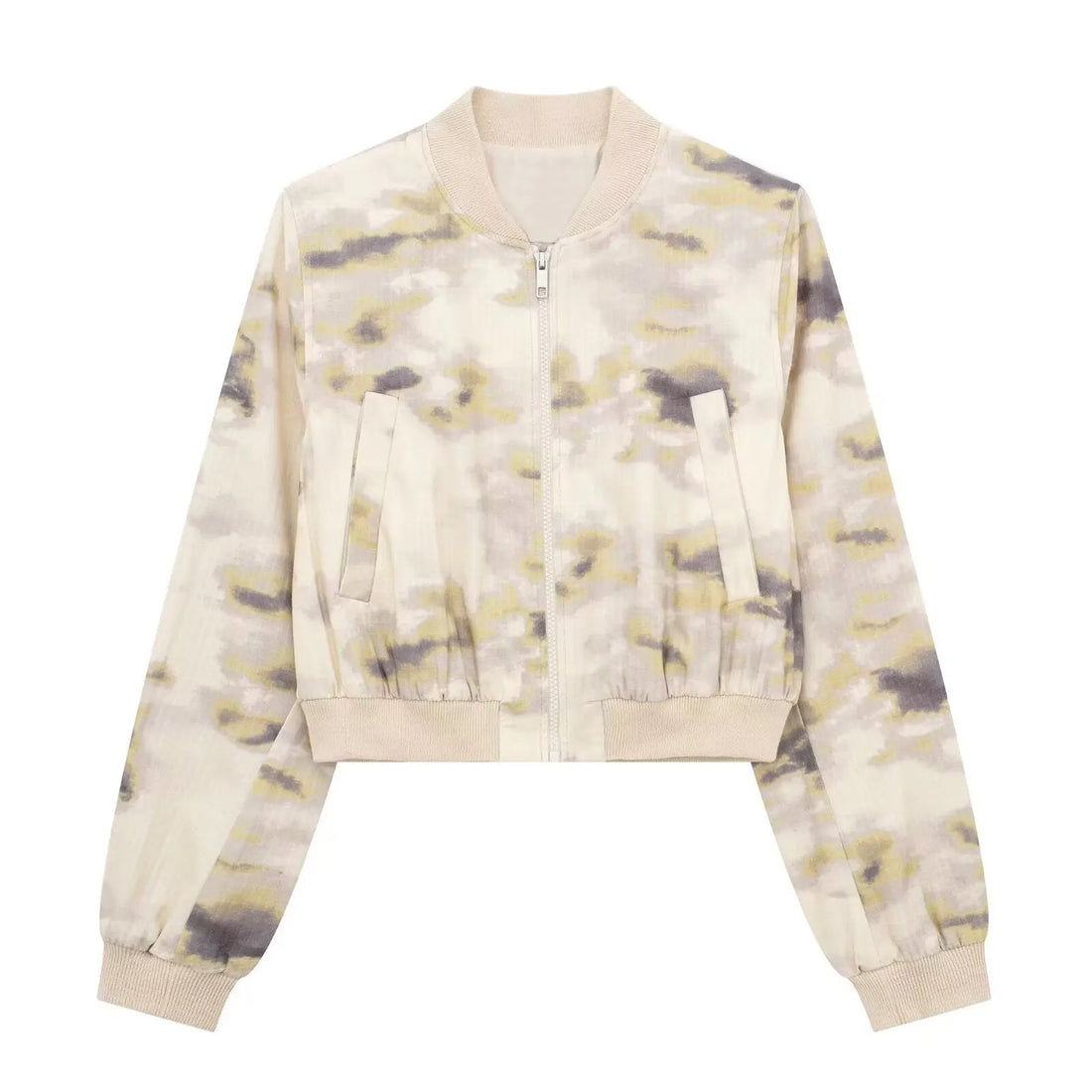 Vintage Print Chic Women Suit O-Neck Zipper Pockets long sleeve jacket for women