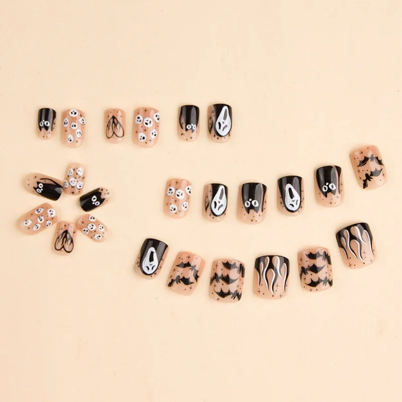 24 Pcs Halloween Fake Nails | Reusable False Nail Jelly Tabs Shiny Wear Nail for Women