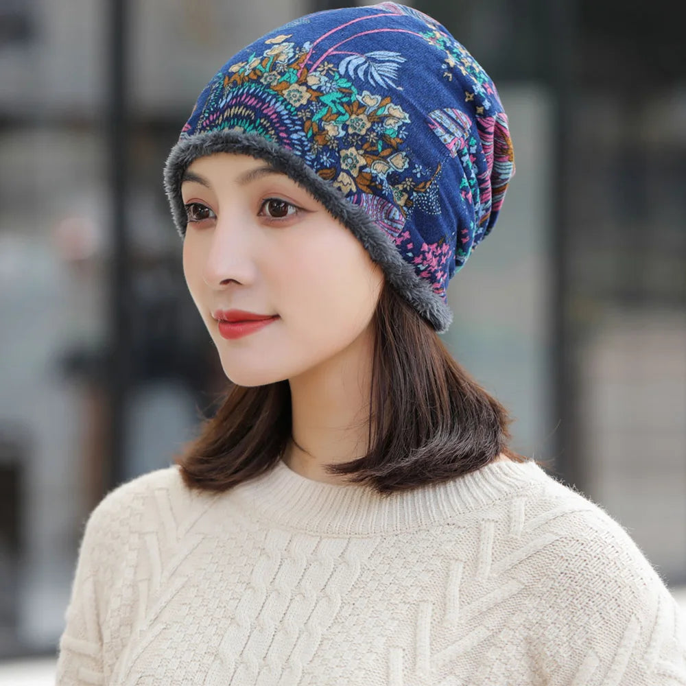Winter Warm hat | Vintage Embroidered Winter Warm Velvet Soft Bonnet Bandanas Hat