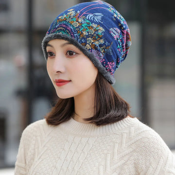 Winter Warm hat | Vintage Embroidered Winter Warm Velvet Soft Bonnet Bandanas Hat