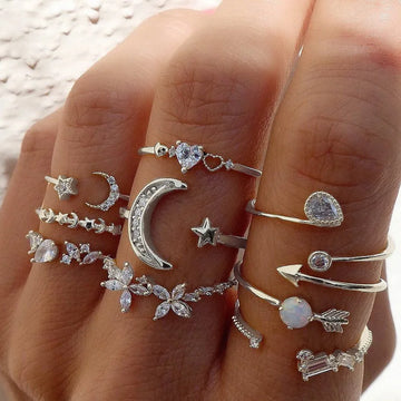 Silver Crystal Rings Set for Women | Cubic Zirconia Moon Arrow Flower Heart Finger Wedding Rings