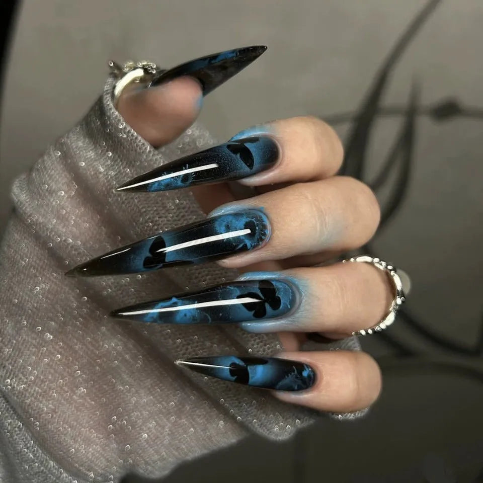 24 Dark Blue Butterfly Nails | Y2k False Nails | Spicy Girls Gradient French Pointed Fake Nails