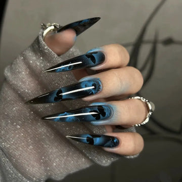 24 Dark Blue Butterfly Nails | Y2k False Nails | Spicy Girls Gradient French Pointed Fake Nails