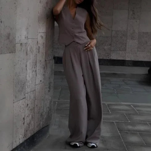 Summer Fall Outfits | Women's Fashion V-neck Sleeveless Vest 2-Piece Sets Outfit