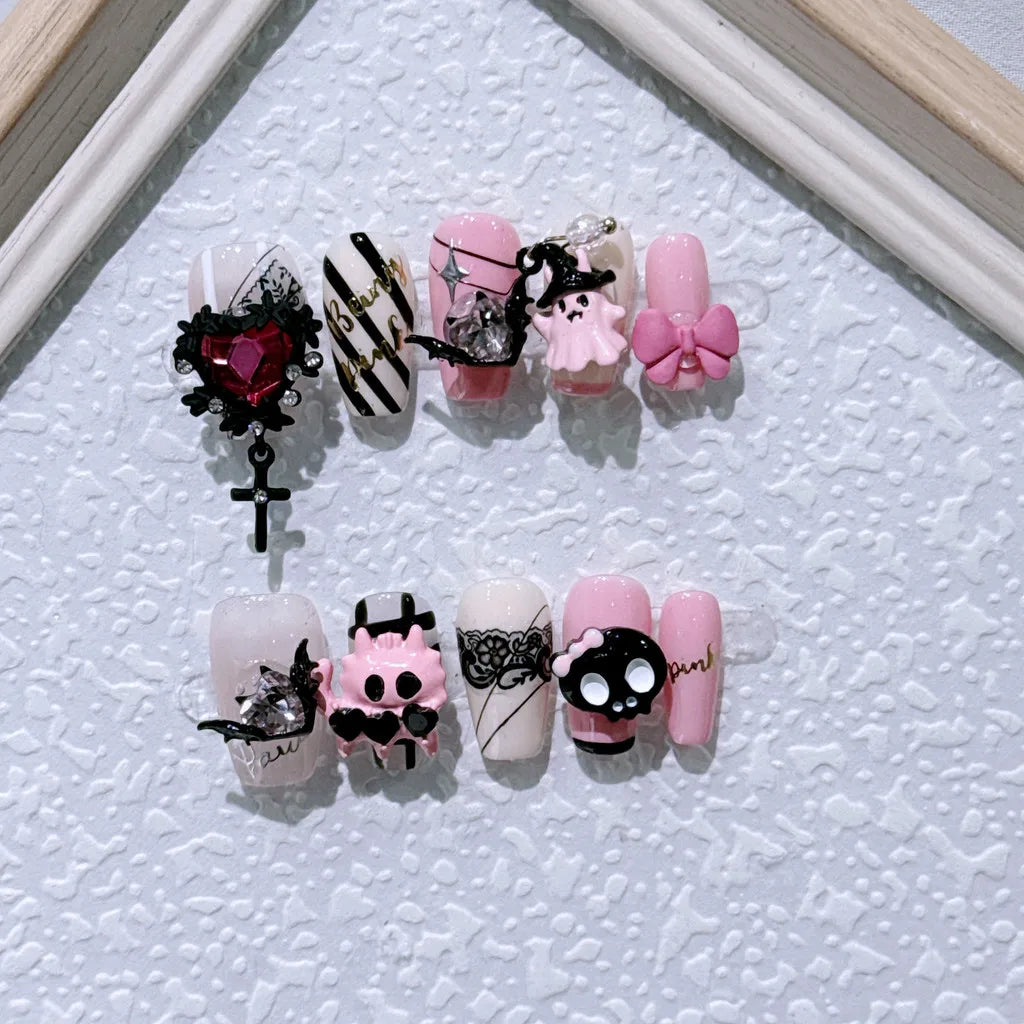 Devil Nails For Halloween | Pink Bow Cartoon Short Nail Art