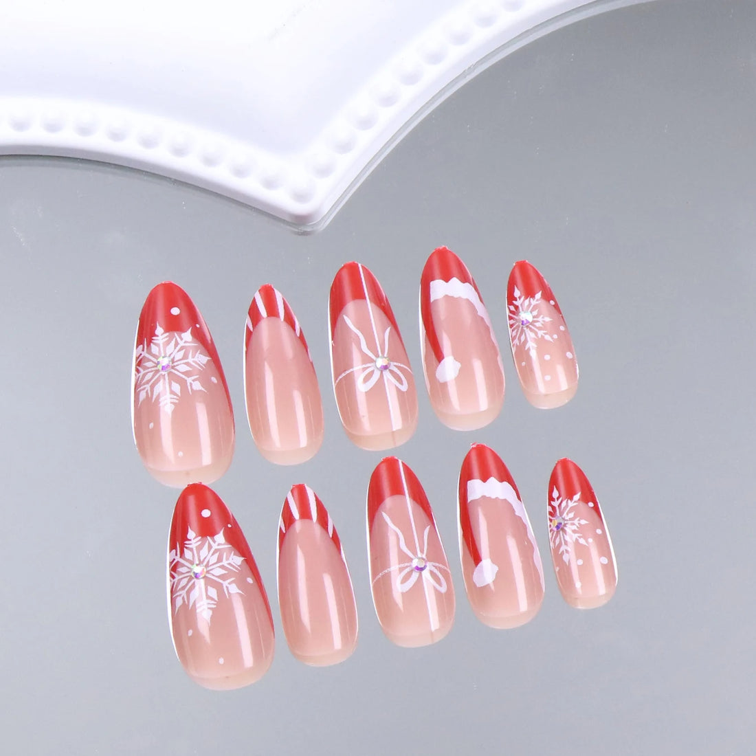 24 Christmas Red Nail Art With Snowflake | Artificially Adhered To The Nails