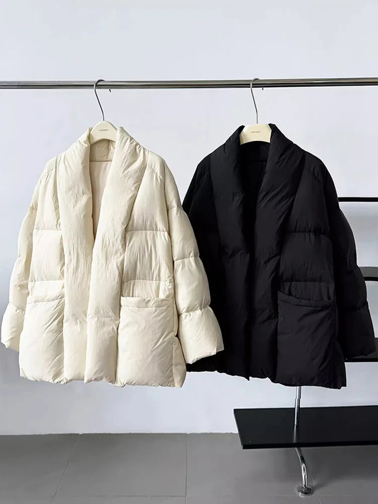 Tight Waist Jackets | Warm 90% White Duck Down Jacket Female Long Sleeve Solid Color V-neck Puffer