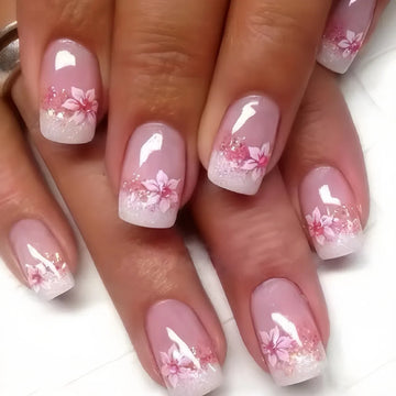 24Pcs Square Press-on Nails Set with Pink Flower Patterns