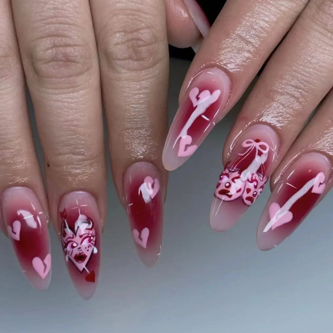 24Pcs Almond Press-On Nails – Red Purple, Full Cover Acrylic Tips