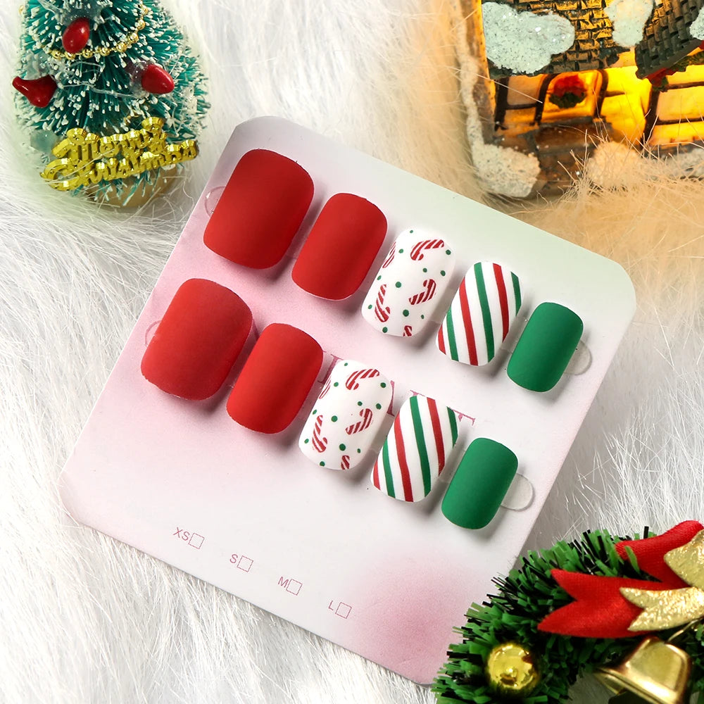 24 Christmas square nails | Candy Red Green Matte Finish Press On Nails