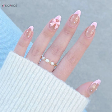 Almond Fake Nails Korean Style Bowknot Pearls Designs