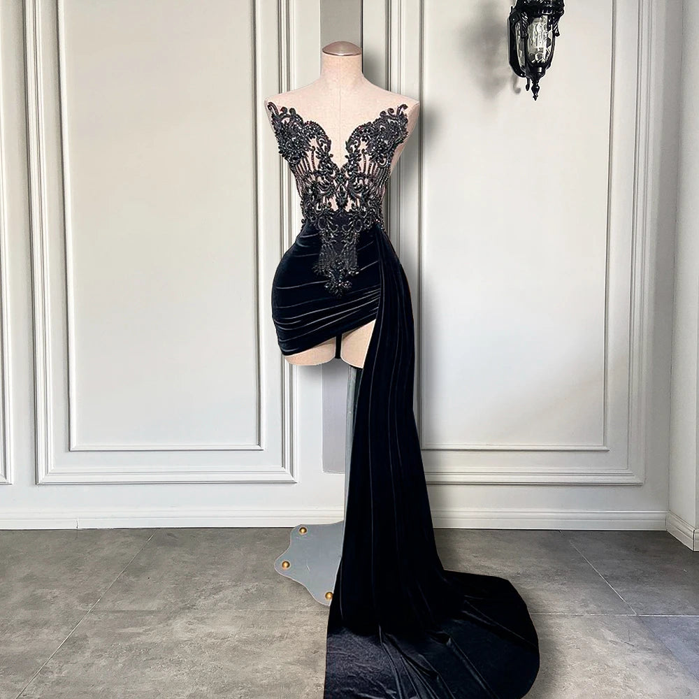 New Arrival Black Homecoming Dresses | Black Velvet Short Prom Dresses With Side Train