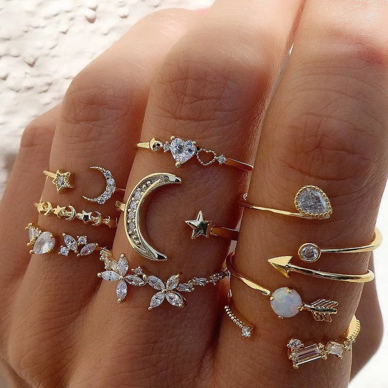 Silver Crystal Rings Set for Women | Cubic Zirconia Moon Arrow Flower Heart Finger Wedding Rings