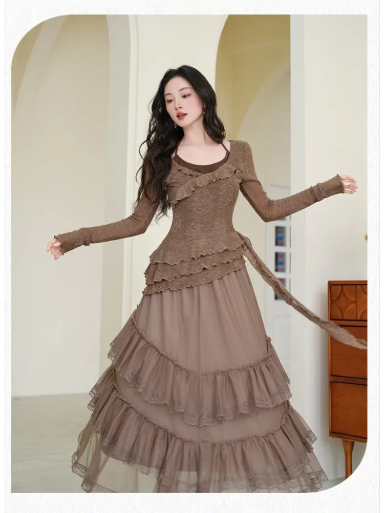 Autumn Outfits | Autumn Spring Women 2 Pcs Set Halter Knitted Top+Midi Layered Ruffles Mesh Skirt