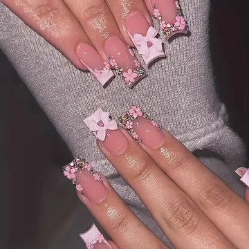 24 Nude Pink Nails | 3D Bowknots Flower Press On Nails | Fake Nail Tips