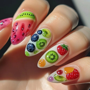 24pcs Colorful Simple Fruit Nail Design | Summer Dopamine Almond False Nails