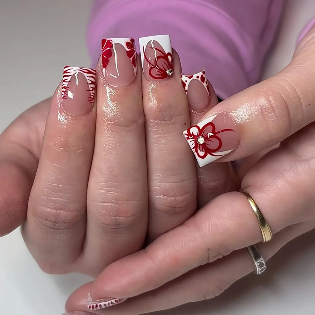 24 Short Square Head Fake Nails | 3d Flower Design Nails | Detachable Artificial Full Cover Nails Tips