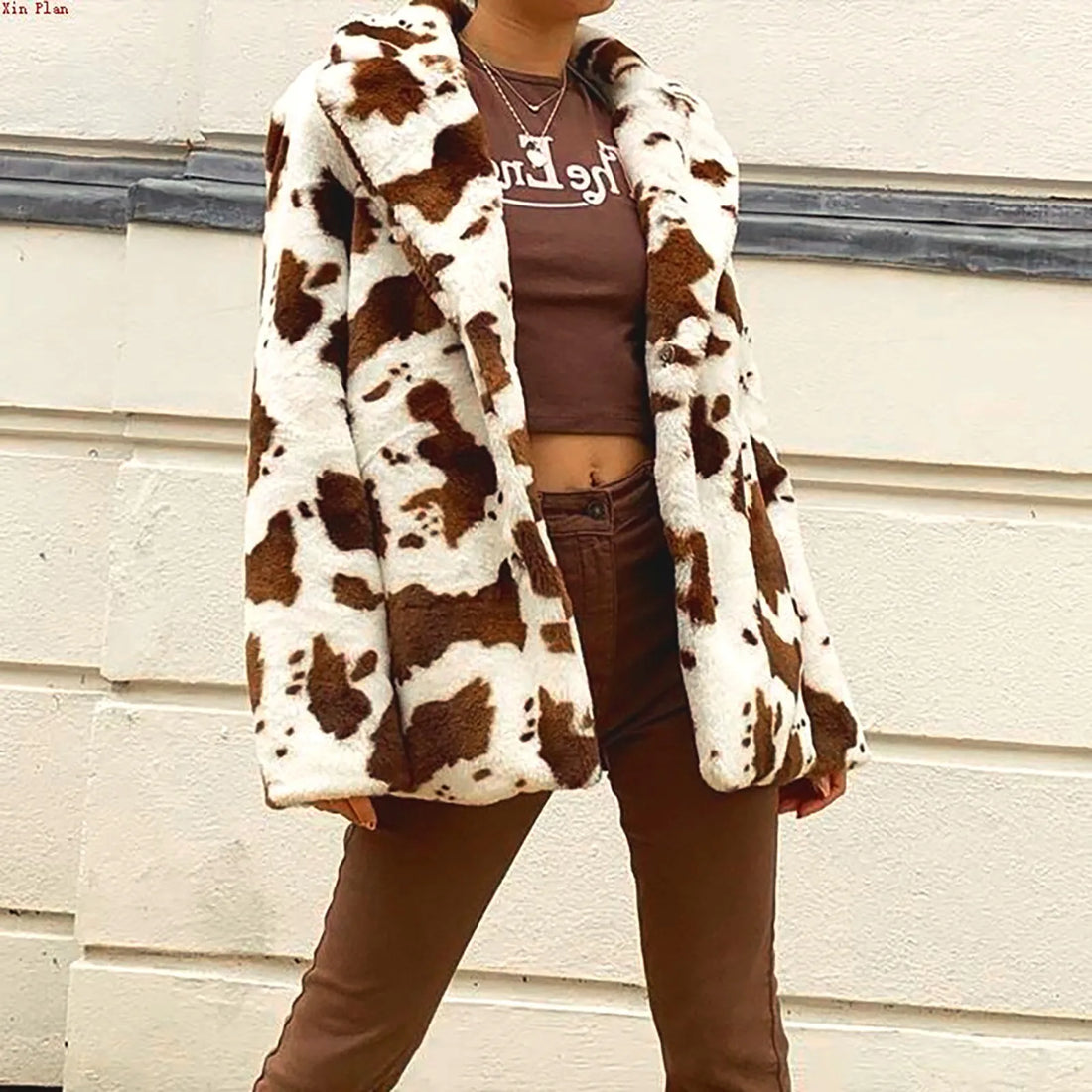 Cow  Print Coat Women'S Winter Plush Lapels Long Sleeve Coat