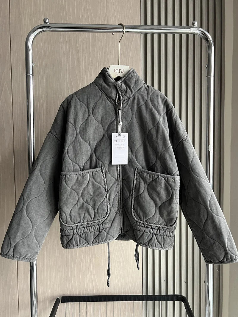 ZW Women's Cotton Jacket | New Arrival Vintage  High Collar Large Pocket Decorative Quilted
