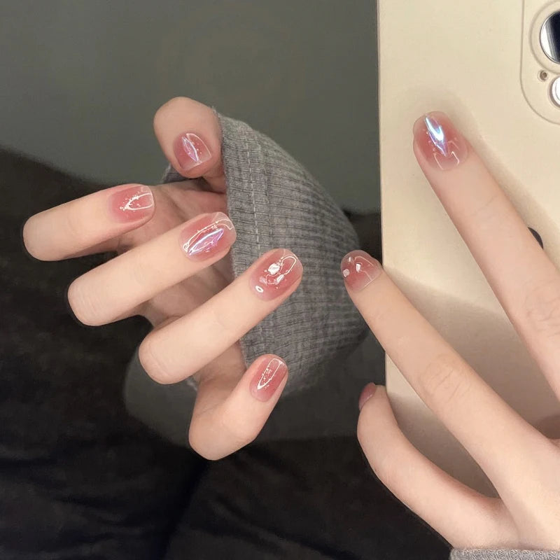 24pcs Pink Aurora Ballet Fake Nails Designs
