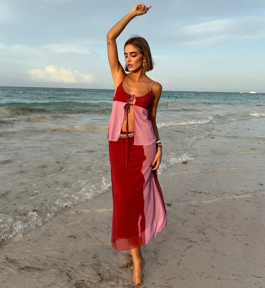 Summer Vintage Outfits | Printed Two-piece Sets Women Fashion Sleeveless Sexy Printed Silk Mesh Sling Tops