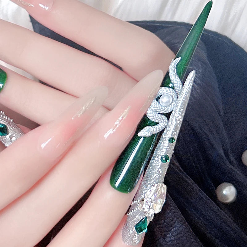 4 Piece black and white stiletto nails with 3D Snake Gem Decor Long Stiletto Shape