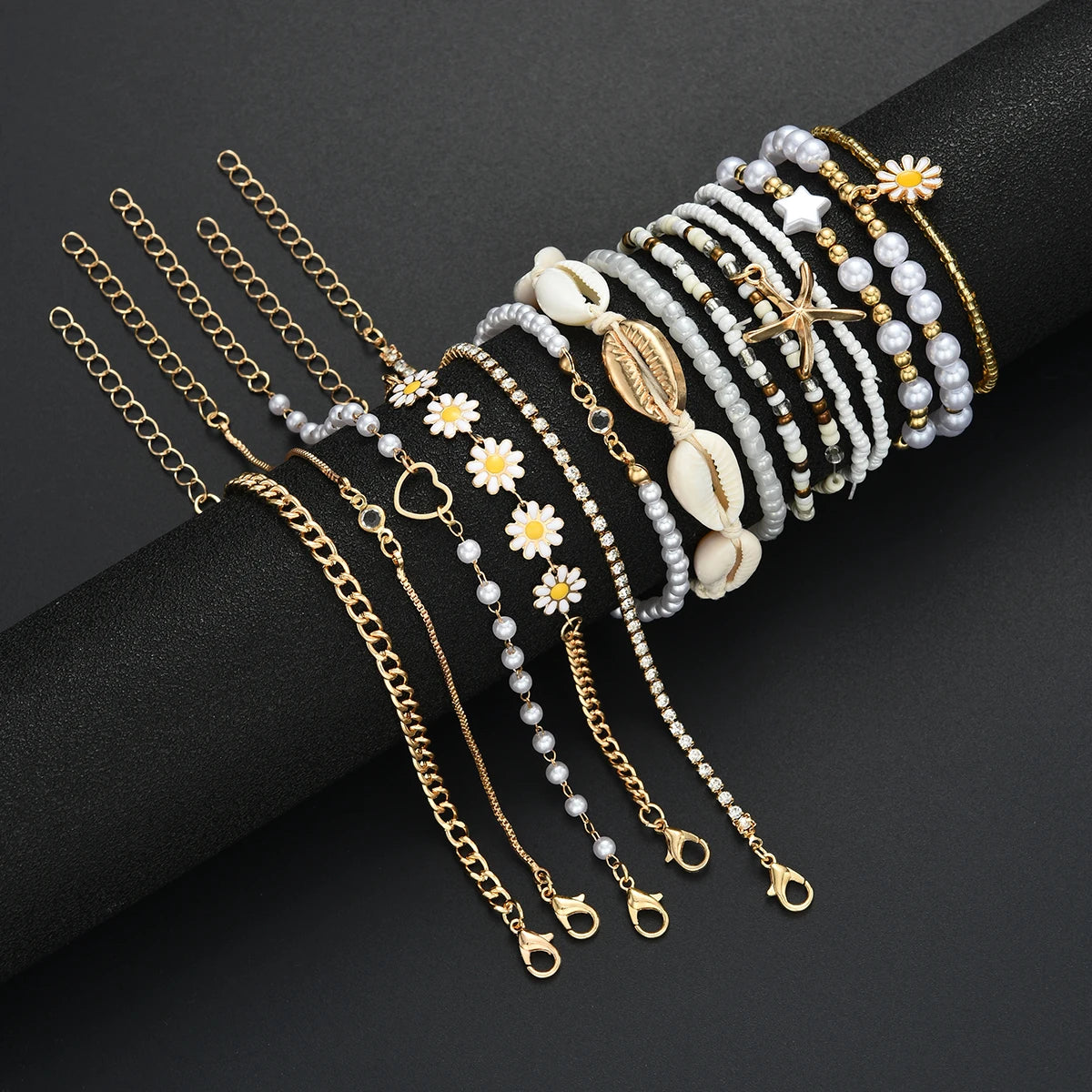 15PCS Bohemian Bracelets For Women | Summer Gold White Color Daisy Pearl Bracelets