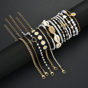 15PCS Bohemian Bracelets For Women | Summer Gold White Color Daisy Pearl Bracelets