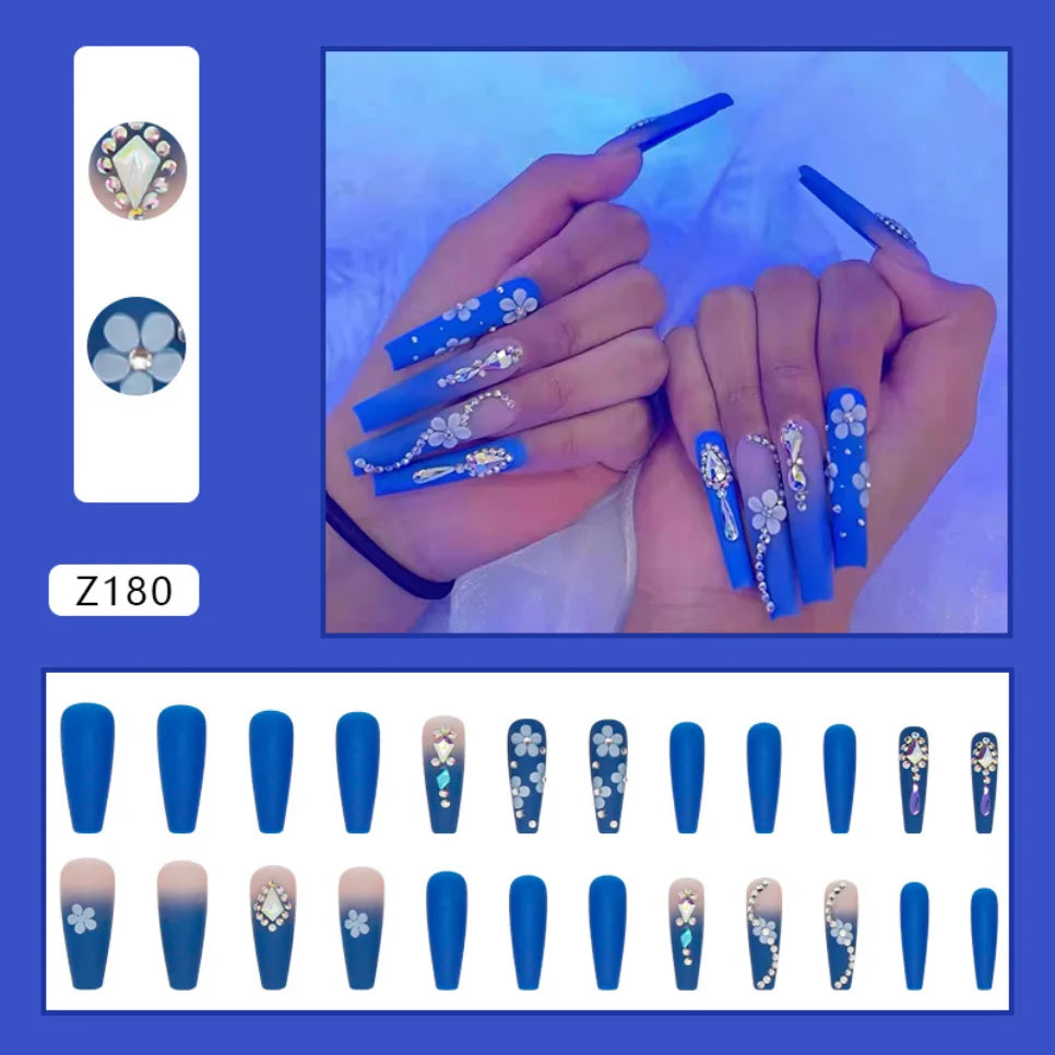 24 Blue Flower Press On Nails | Small Flower Press on Nail Stickers | Removable False Nail Pieces