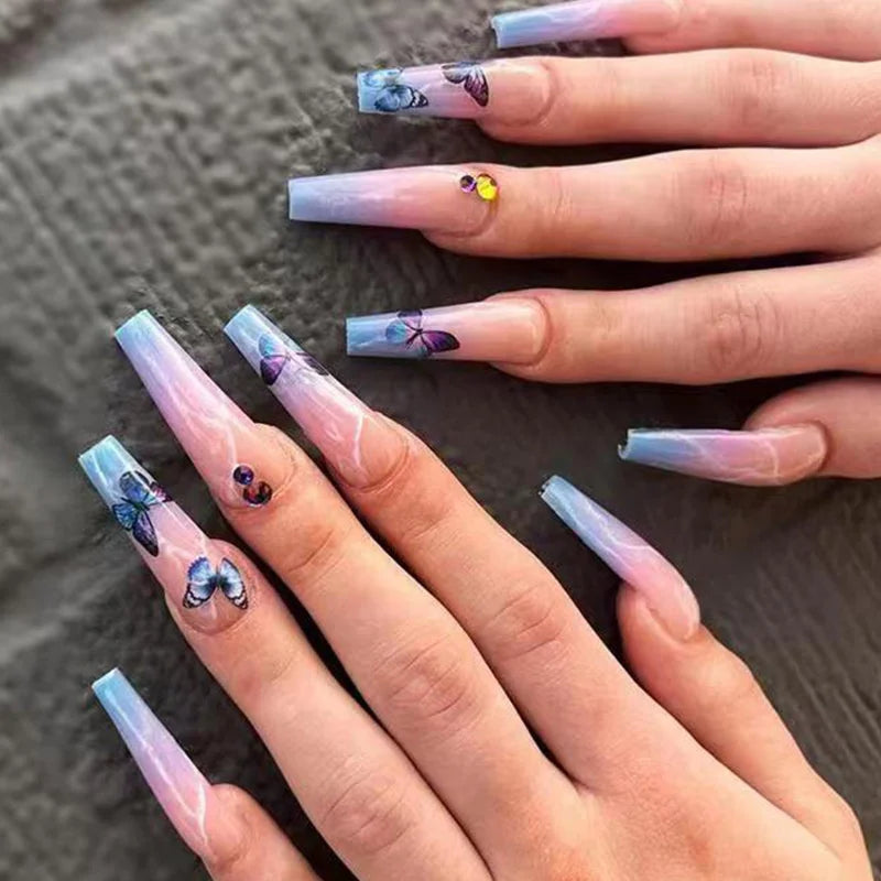 24 Butterfly Nail Art With Jelly Glue For Nail Extension |  Woman Press on Summer Tips