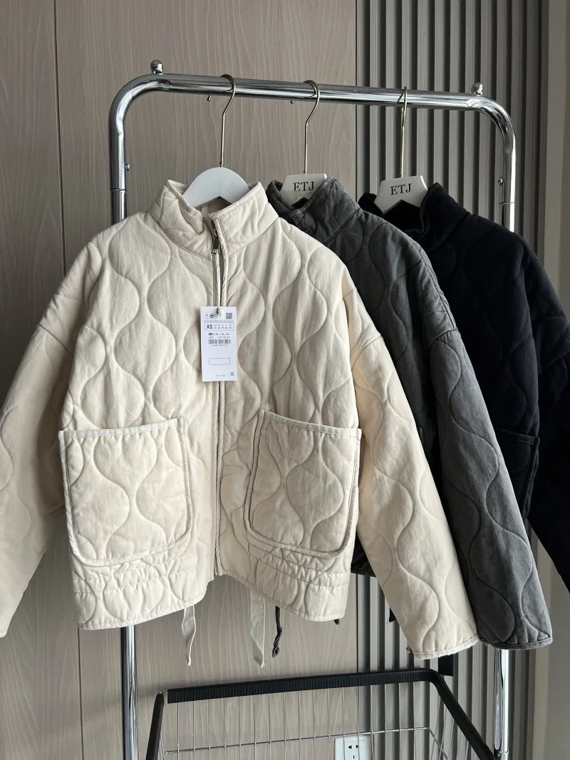 ZW Women's Cotton Jacket | New Arrival Vintage  High Collar Large Pocket Decorative Quilted