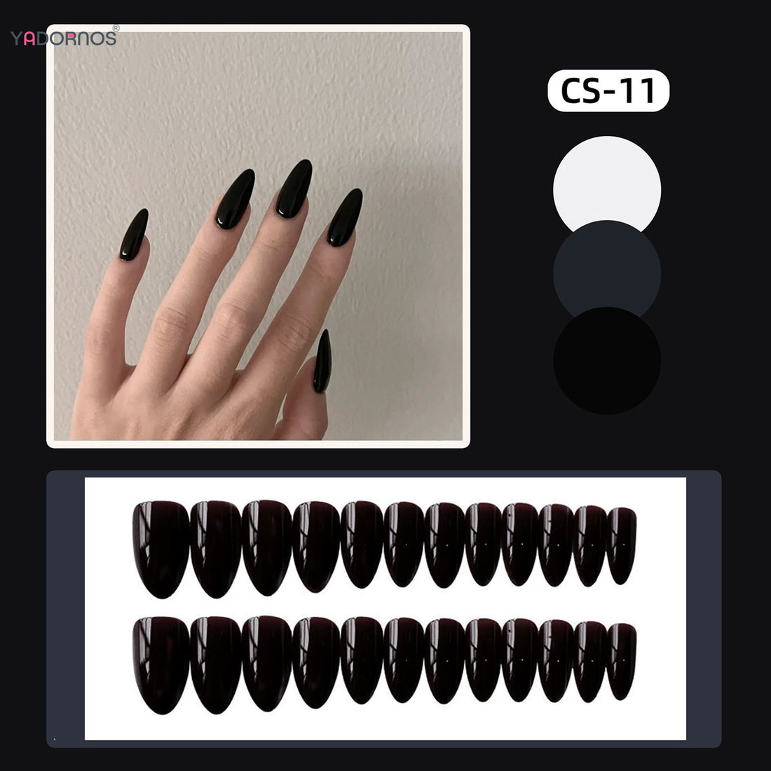 24 Fall Nails Almond | Black Fake Nail Solid Color Press on Nails | Full Cover Artificial Nail