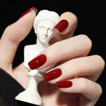 24 Red Fall Nails | Simple Solid Color Short Square Fake Nails | Reusable False Nails With Jelly Sticker