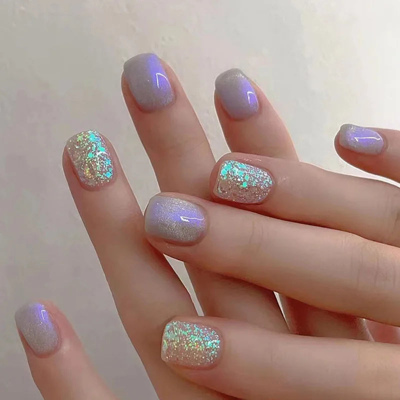 24 Fall Nails Purple | Glitter Crystal Short French Fake Nails | Full Cover Press on Nails