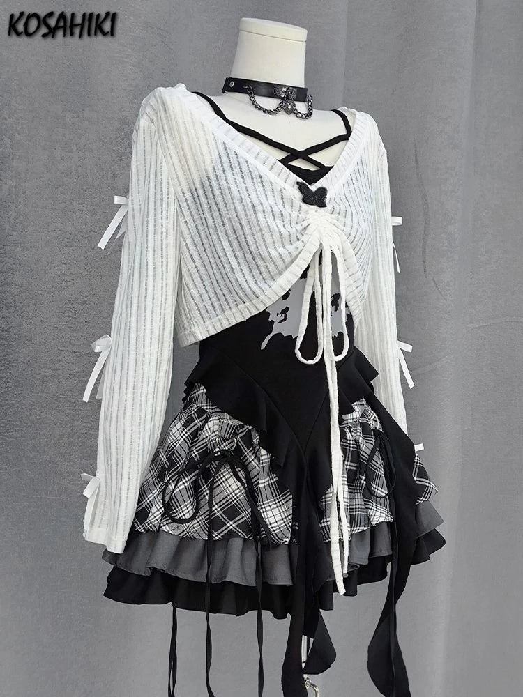 Y2k Aesthetic Outfits | 3 Piece Sets | Sun Protection Drawstring Crop T-shirt + Irregular Print Vest + Plaid Patchwork Skirts